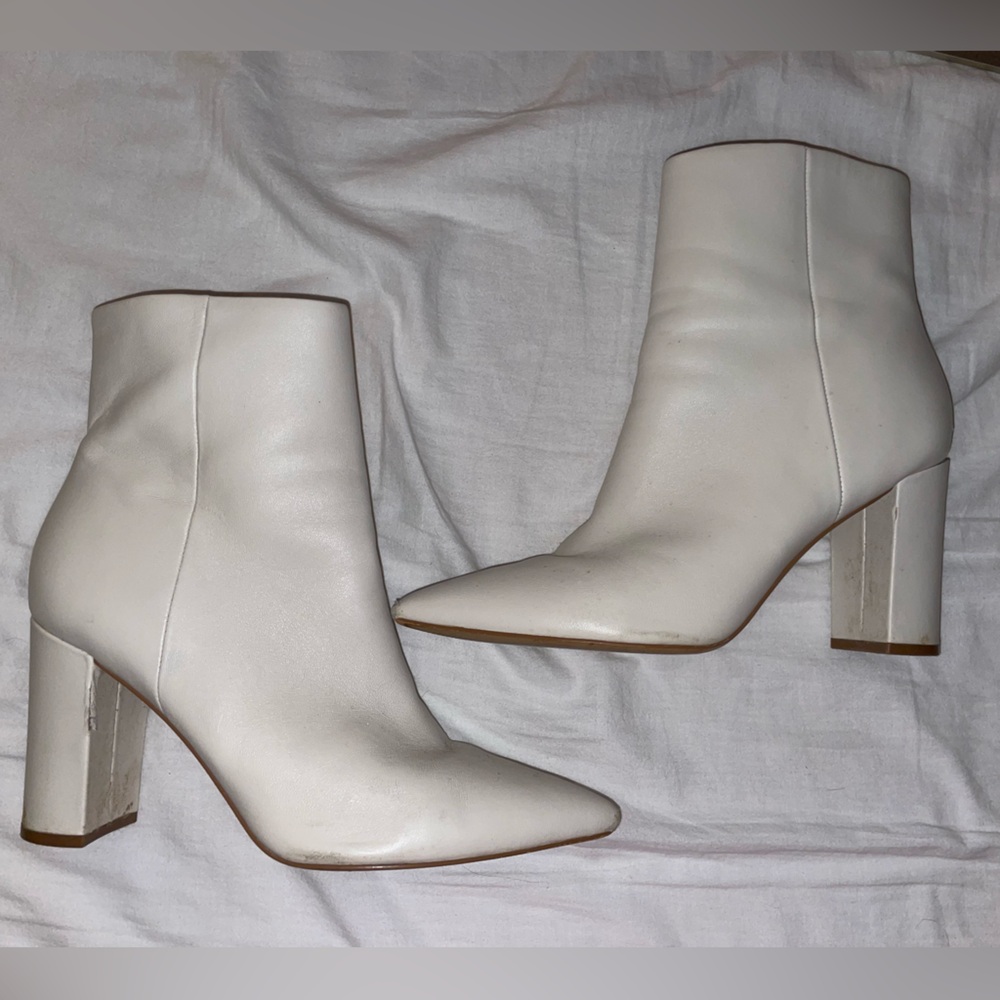Marc Fisher White Leather Pointed Toe Ankle Boots Block Heel
